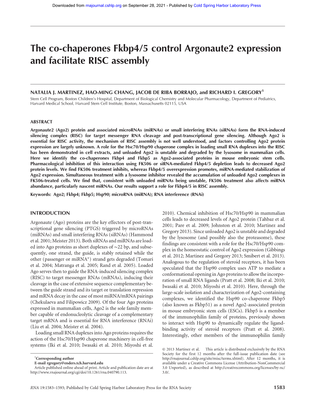 The Co-Chaperones Fkbp4/5 Control Argonaute2 Expression and Facilitate RISC Assembly