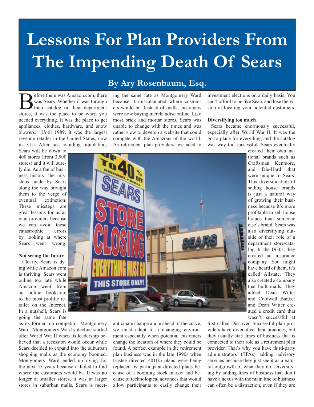 Lessons for Plan Providers from the Impending Death of Sears by Ary Rosenbaum, Esq