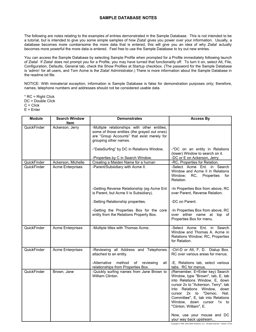 Sample Database Notes