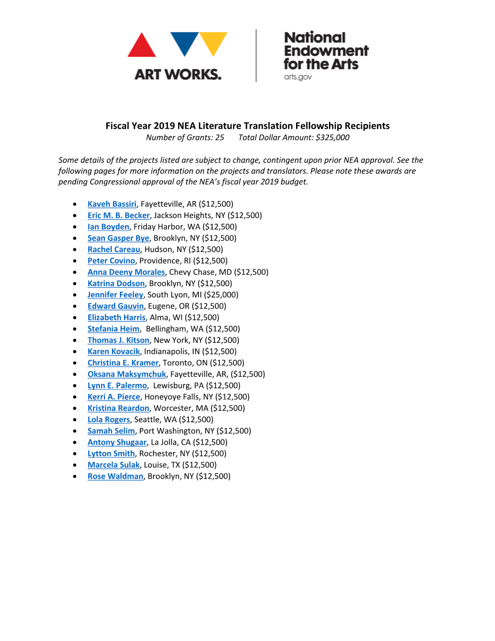 Fiscal Year 2019 NEA Literature Translation Fellowship Recipients Number of Grants: 25 Total Dollar Amount: $325,000