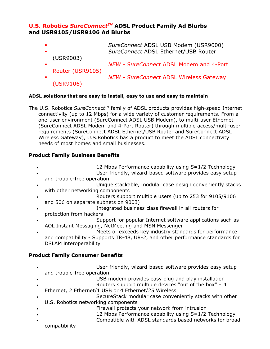 U.S. Robotics Sureconnecttm ADSL Product Family Ad Blurbs