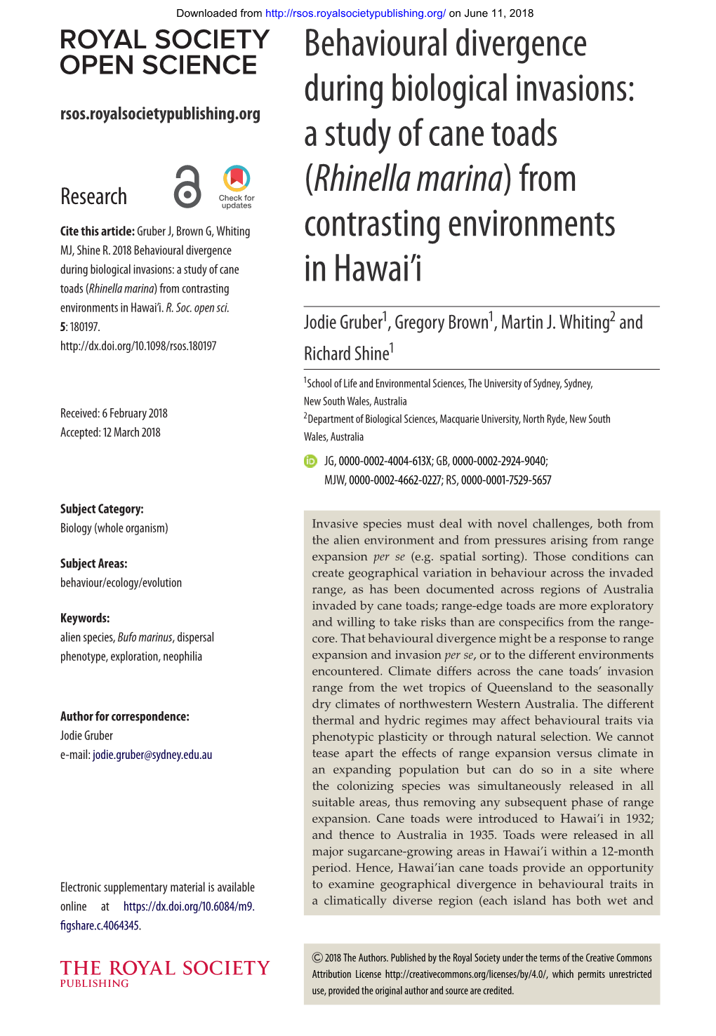 A Study of Cane Toads (Rhinella Marina) from Contrasting Environments In