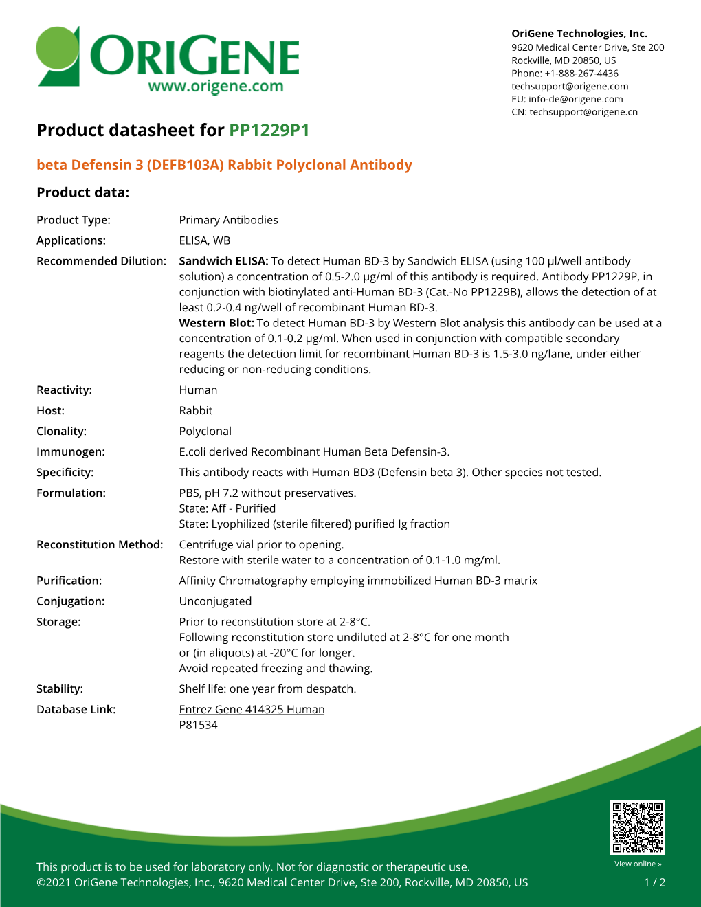 Beta Defensin 3 (DEFB103A) Rabbit Polyclonal Antibody Product Data