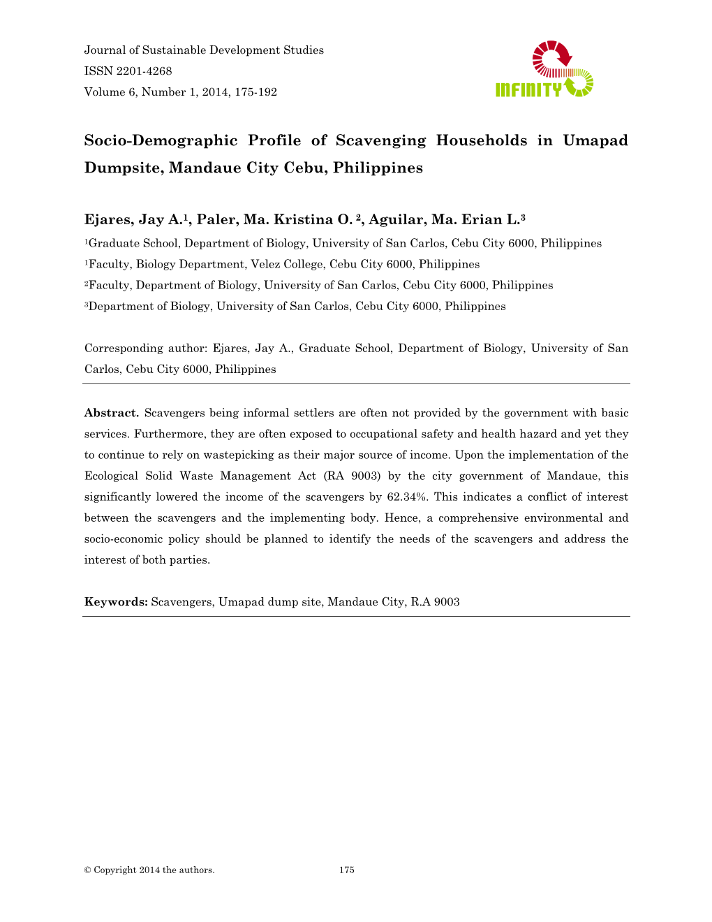 Socio-Demographic Profile of Scavenging Households in Umapad Dumpsite, Mandaue City Cebu, Philippines