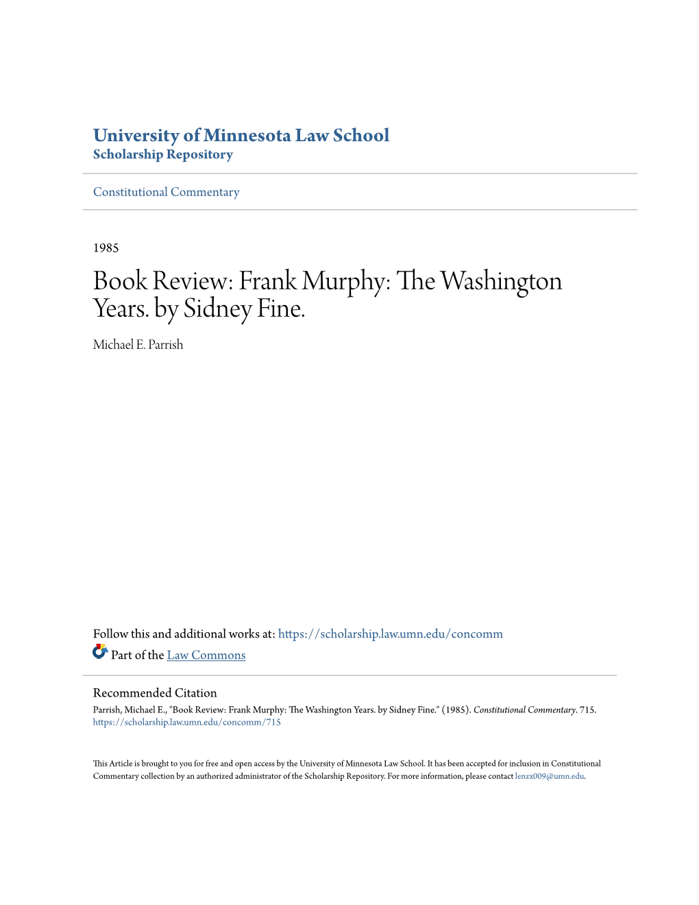 FRANK MURPHY: the WASHINGTON YEARS. by Sidney Fine.' Ann Arbor: University of Michigan Press