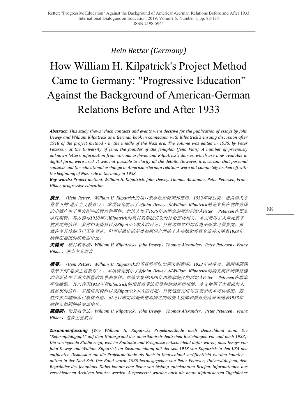 How William H. Kilpatrick's Project Method Came to Germany: "Progressive Education" Against the Background of American-German Relations Before and After 1933