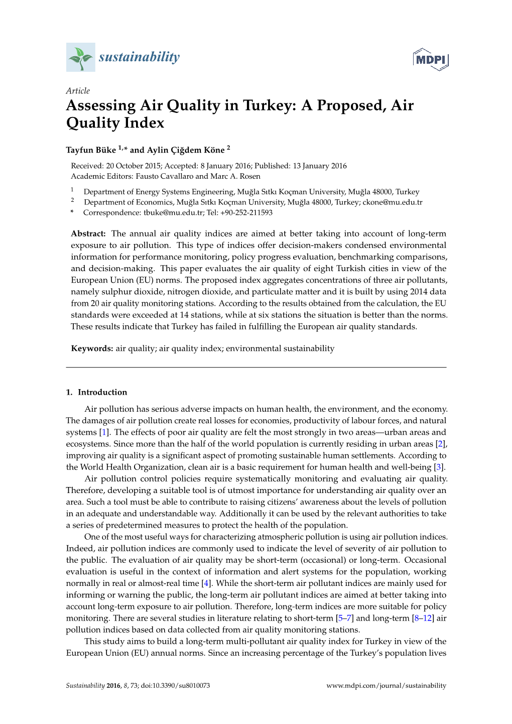 Assessing Air Quality in Turkey: a Proposed, Air Quality Index