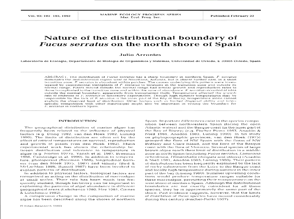 Nature of the Distributional Boundary of Fucus Serratus on the North Shore of Spain