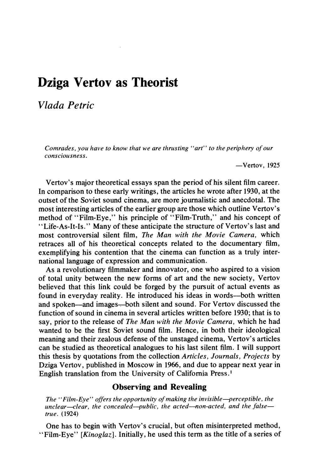 Dziga Vertov As Theorist Vlada Petric