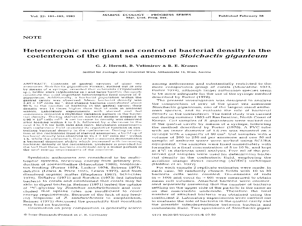 Heterotrophic Nutrition and Control of Bacterial Density in the Coelenteron of the Giant Sea Anemone Stoichactis Giganteum