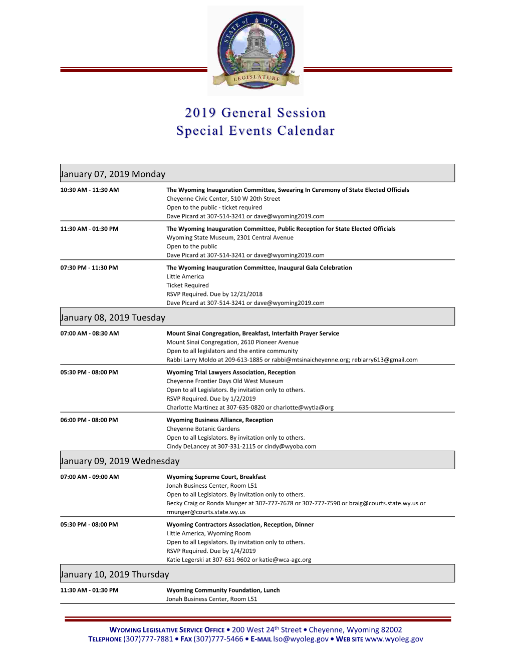 2019 General Session Special Events Calendar