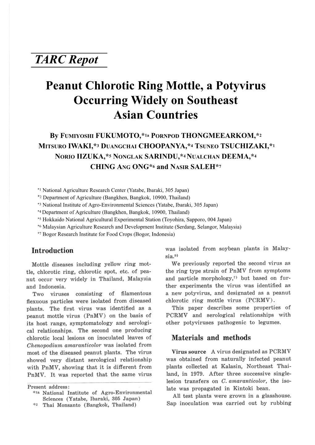 Peanut Chlorotic Ring Mottle, a Potyvirus Occurring Widely on Southeast Asian Countries TARC Repot