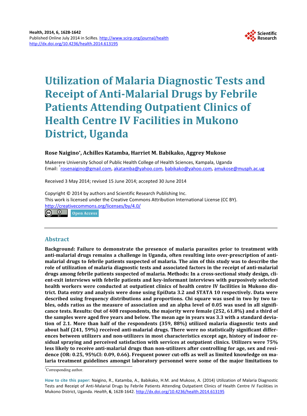 Utilization of Malaria Diagnostic Tests and Receipt of Anti-Malarial Drugs