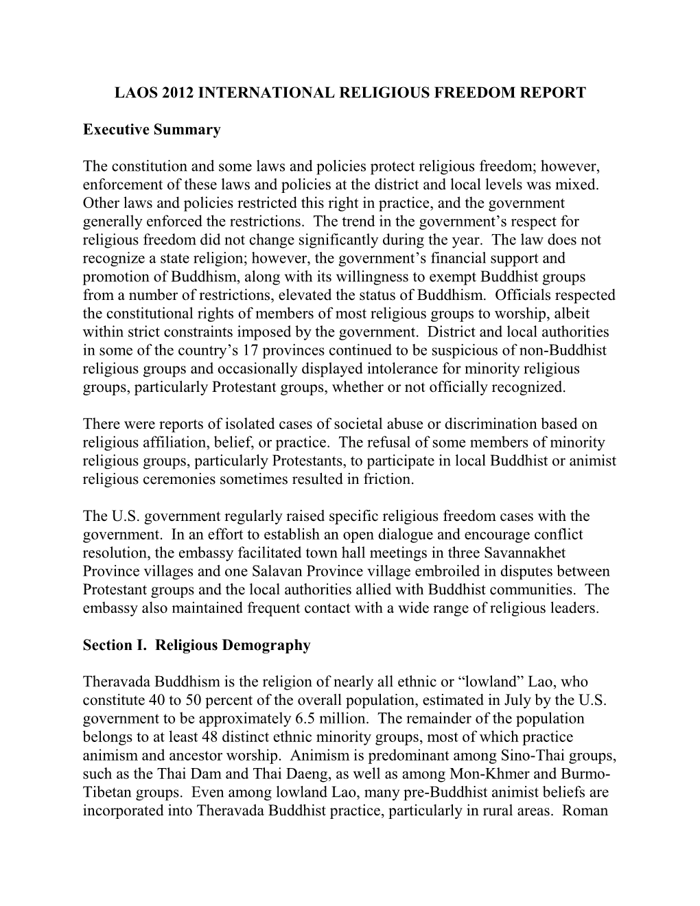 Laos 2012 International Religious Freedom Report