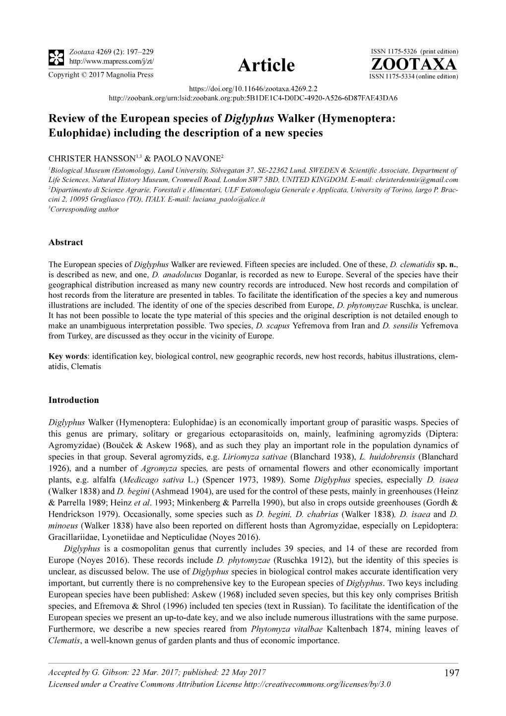 Review of the European Species of Diglyphus Walker (Hymenoptera: Eulophidae) Including the Description of a New Species