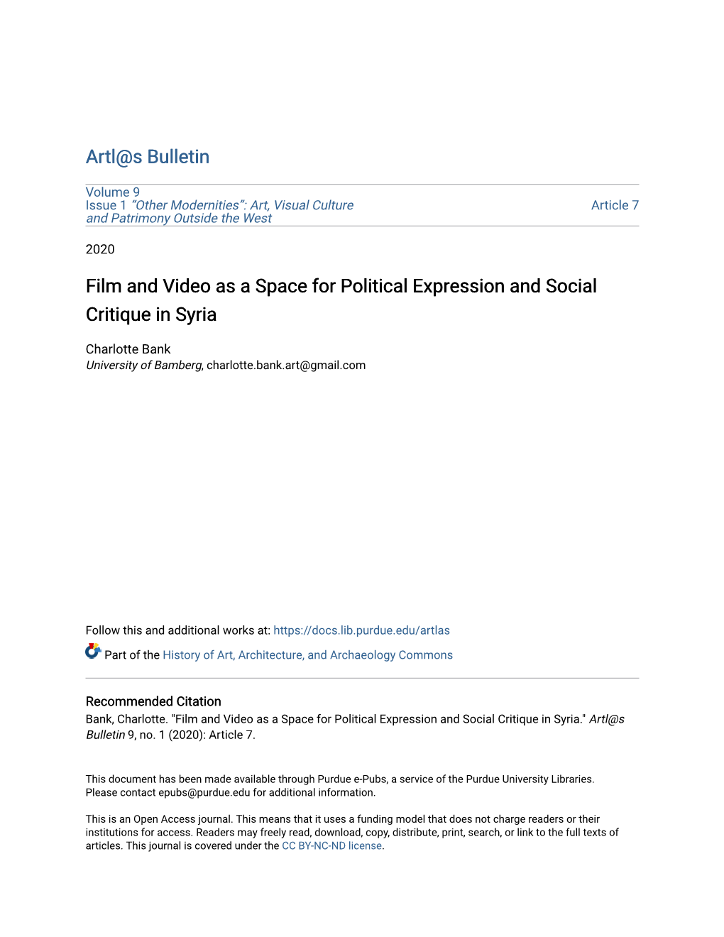 Film and Video As a Space for Political Expression and Social Critique in Syria