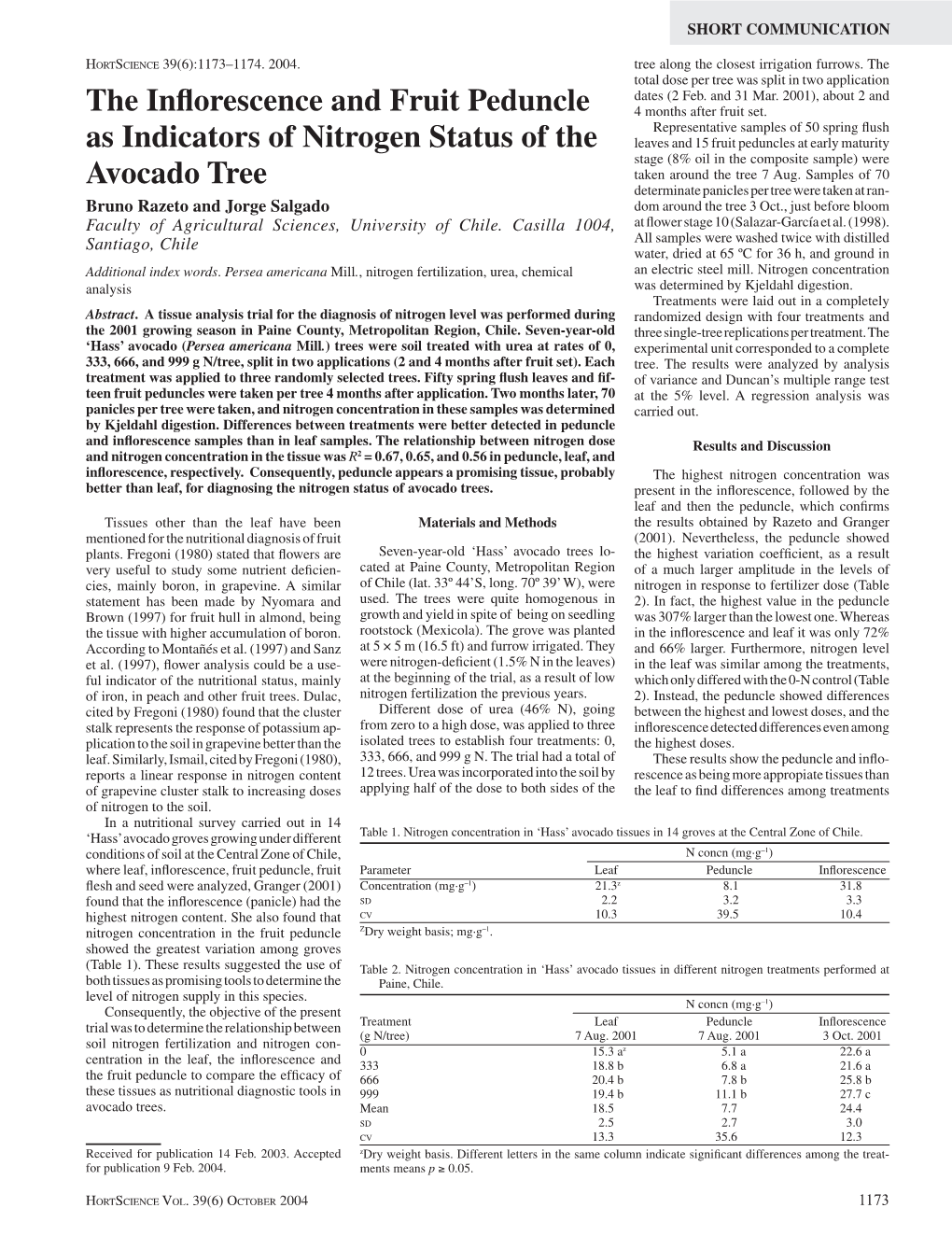 The Inflorescence and Fruit Peduncle As Indicators of Nitrogen Status Of