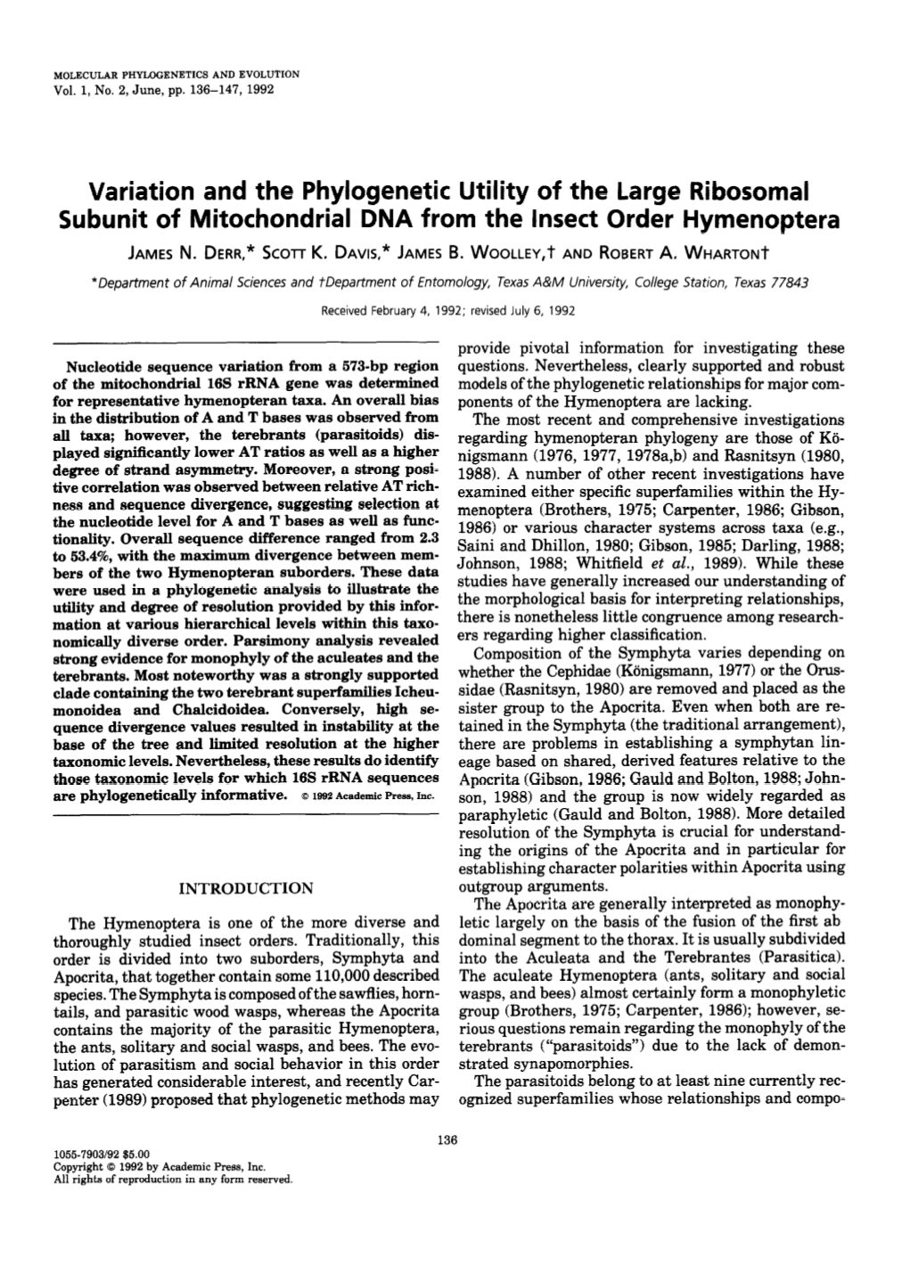 Variation and the Phylogenetic Utility of the Large Ribosomal Subunit of Mitochondrial DNA from the Insect Order Hymenoptera JAMES N