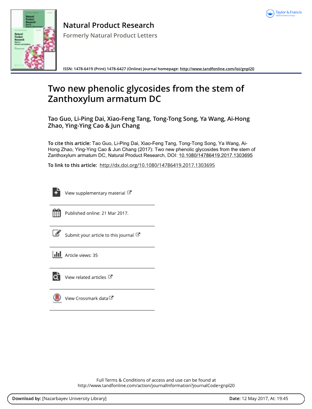 Two New Phenolic Glycosides from the Stem of Zanthoxylum Armatum DC