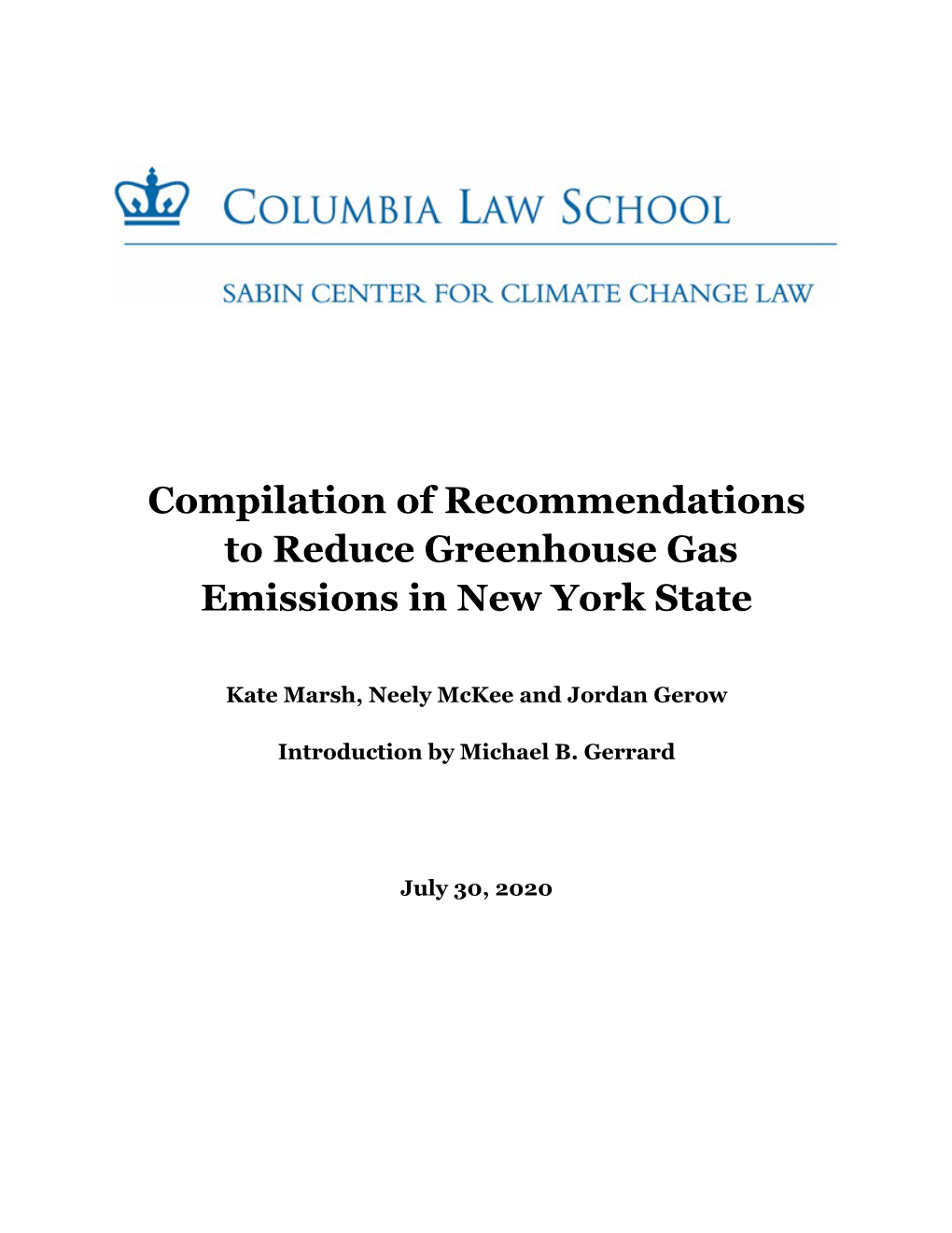 Compilation of Recommendations to Reduce Greenhouse Gas Emissions in New York State