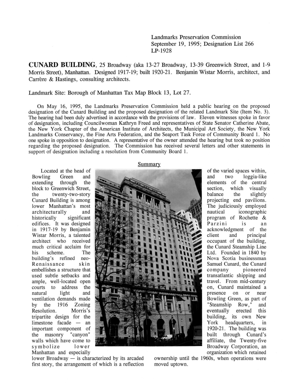CUNARD BUILDING, 25 Broadway (Aka 13-27 Broadway, 13-39 Greenwich Street, and 1-9- Morris Street), Manhattan
