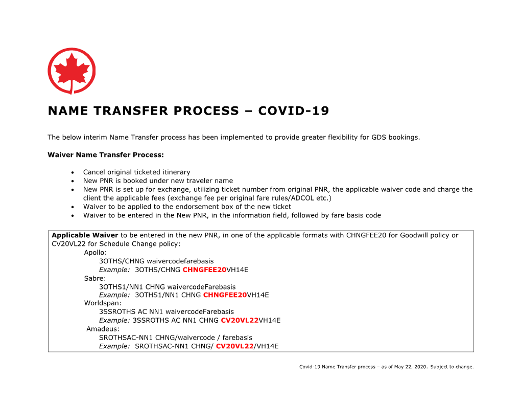 Name Transfer Process – Covid-19