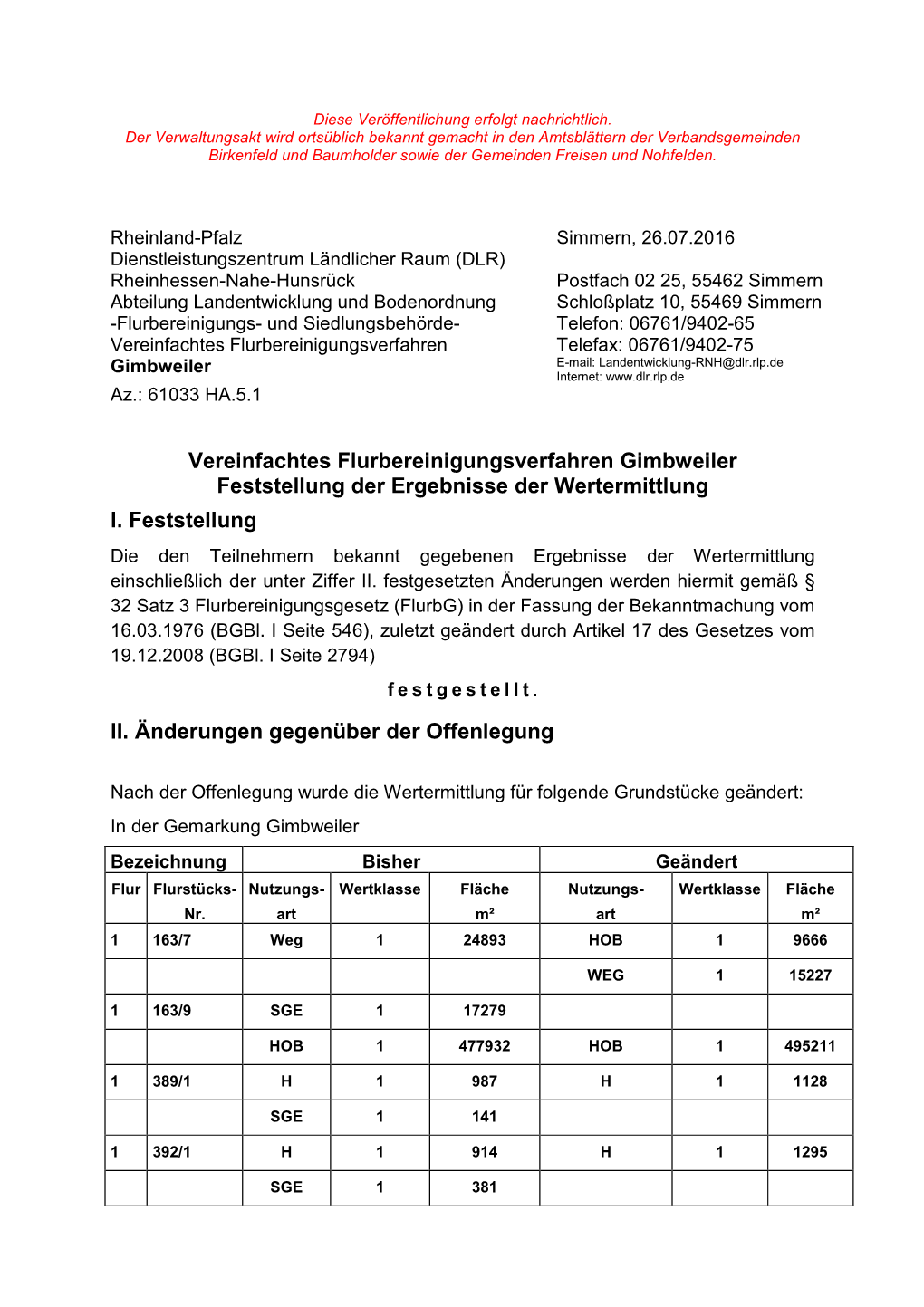 Vereinfachtes Flurbereinigungsverfahren Telefax: 06761/9402-75 Gimbweiler E-Mail: Landentwicklung-RNH@Dlr.Rlp.De Internet: Az.: 61033 HA.5.1