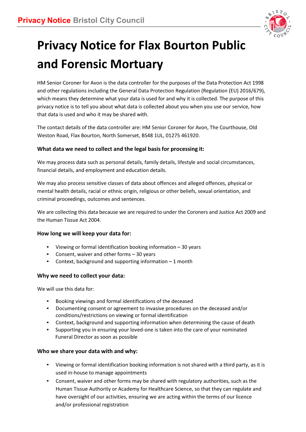 Privacy Notice for Flax Bourton Public and Forensic Mortuary