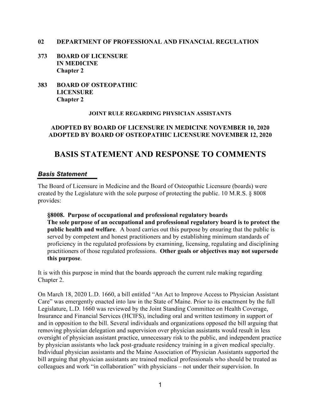 Basis Statement and Response to Comments