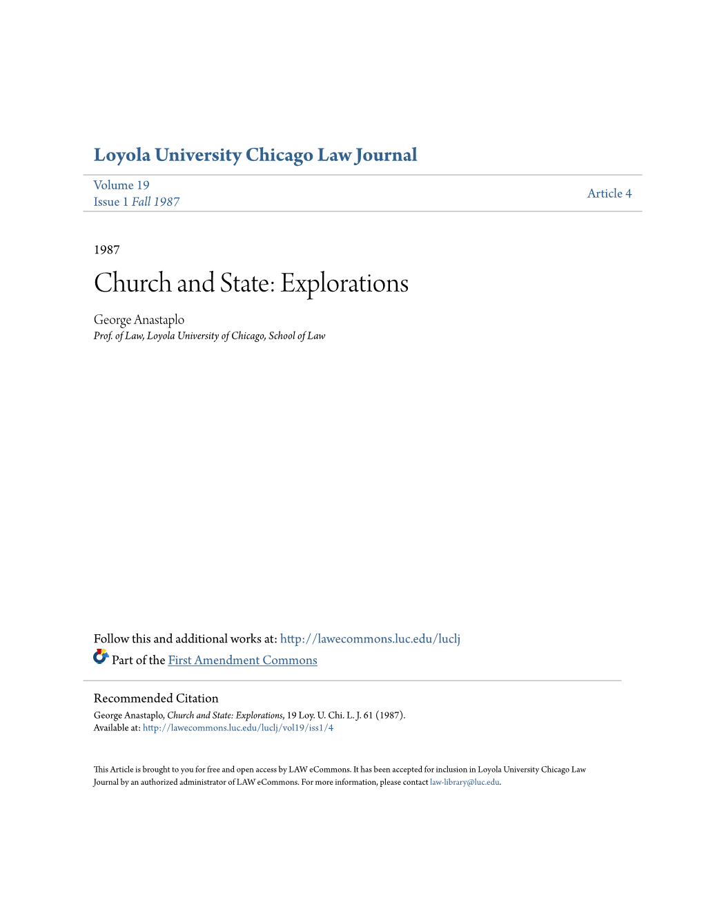 Church and State: Explorations George Anastaplo Prof