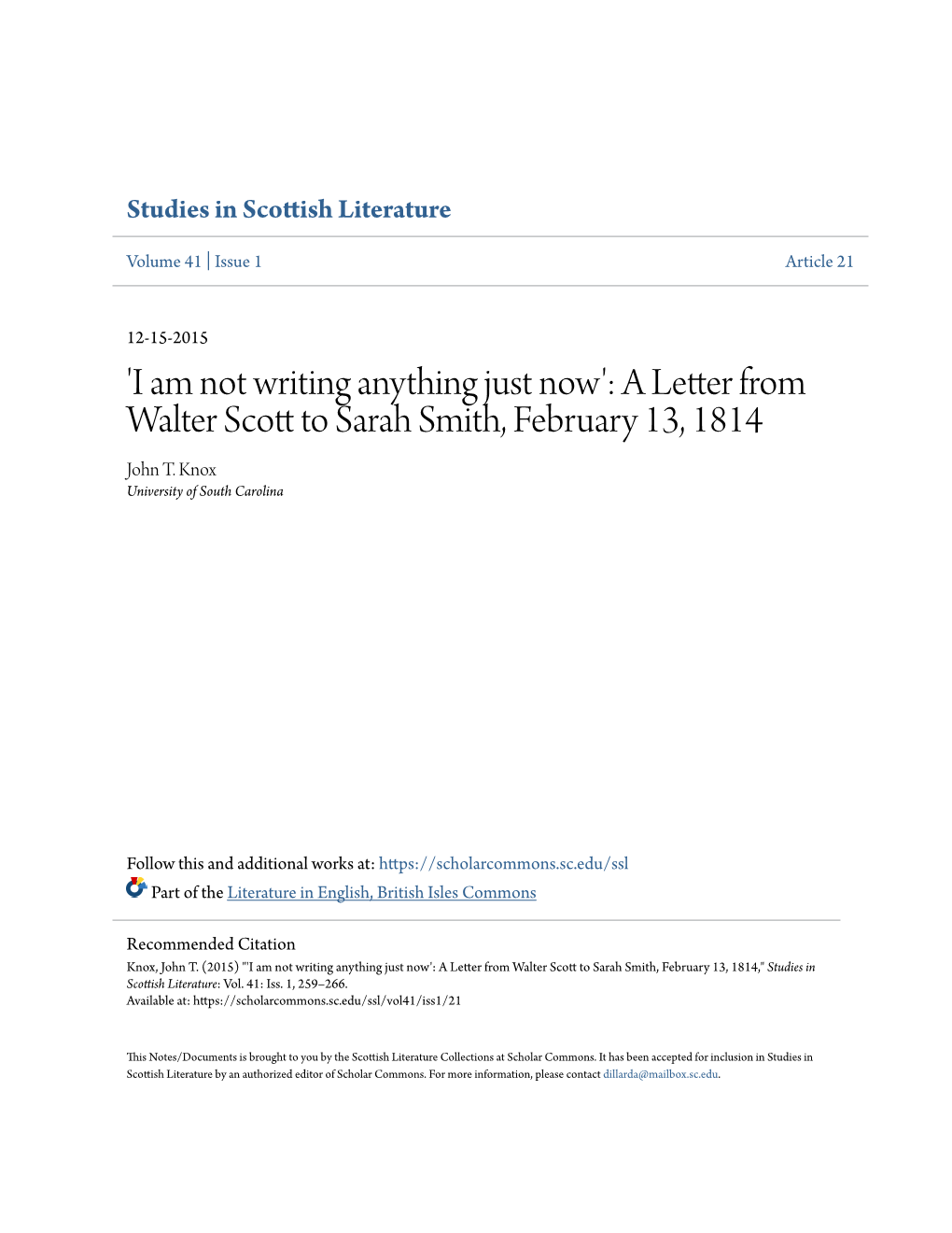 'I Am Not Writing Anything Just Now': a Letter from Walter Scott to Sarah