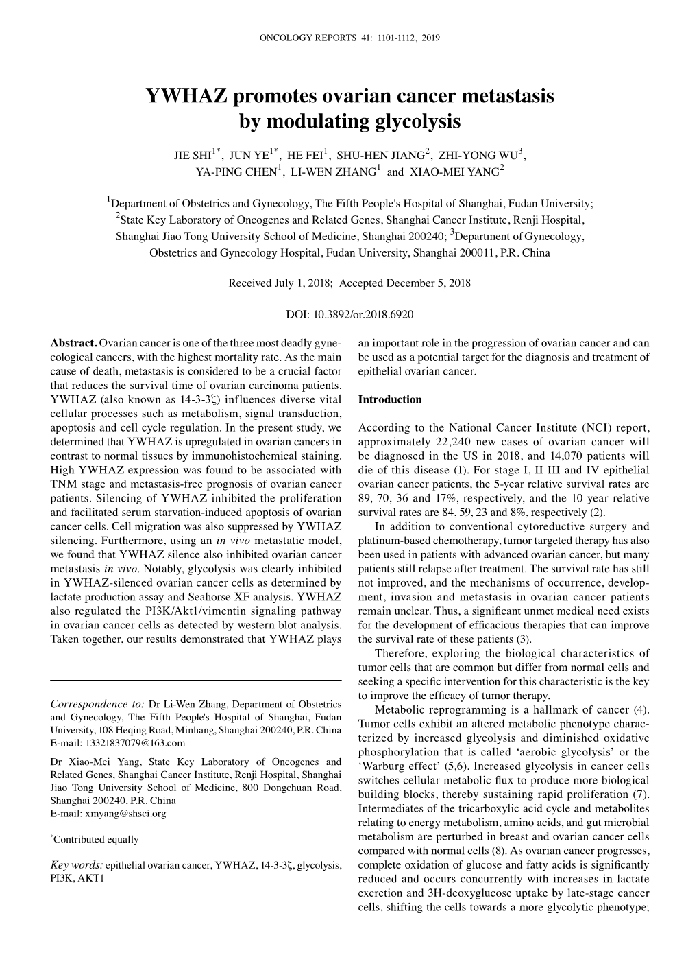 YWHAZ Promotes Ovarian Cancer Metastasis by Modulating Glycolysis