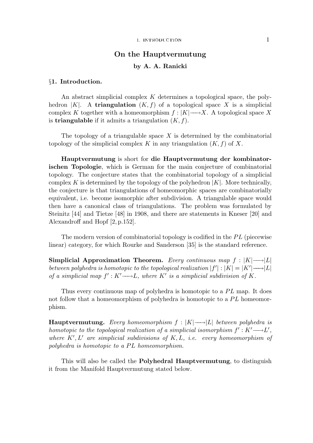 1. Introduction on the Hauptvermutung