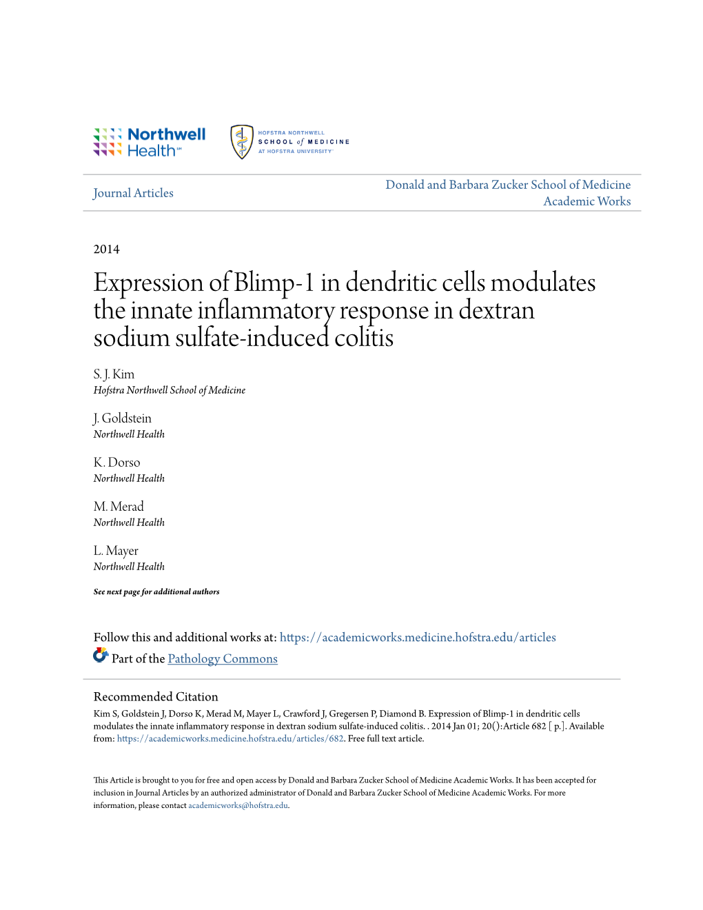 Expression of Blimp-1 in Dendritic Cells Modulates the Innate Inflammatory Response in Dextran Sodium Sulfate-Induced Colitis S