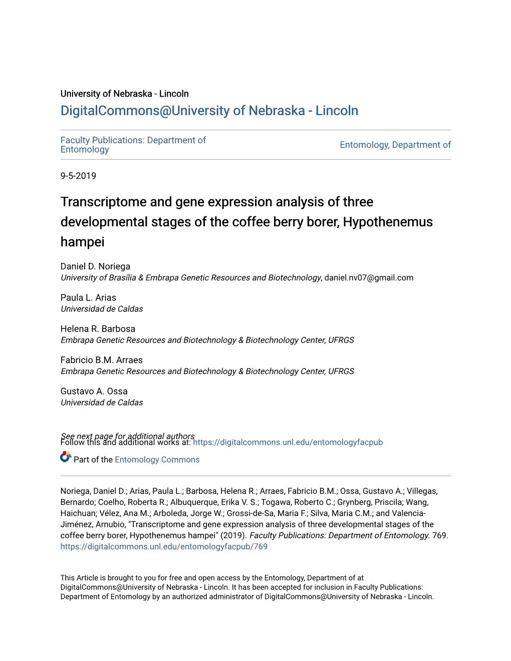 Transcriptome and Gene Expression Analysis of Three Developmental Stages of the Coffee Berry Borer, Hypothenemus Hampei