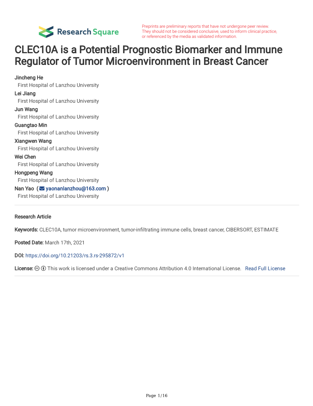 CLEC10A Is a Potential Prognostic Biomarker and Immune Regulator of Tumor Microenvironment in Breast Cancer