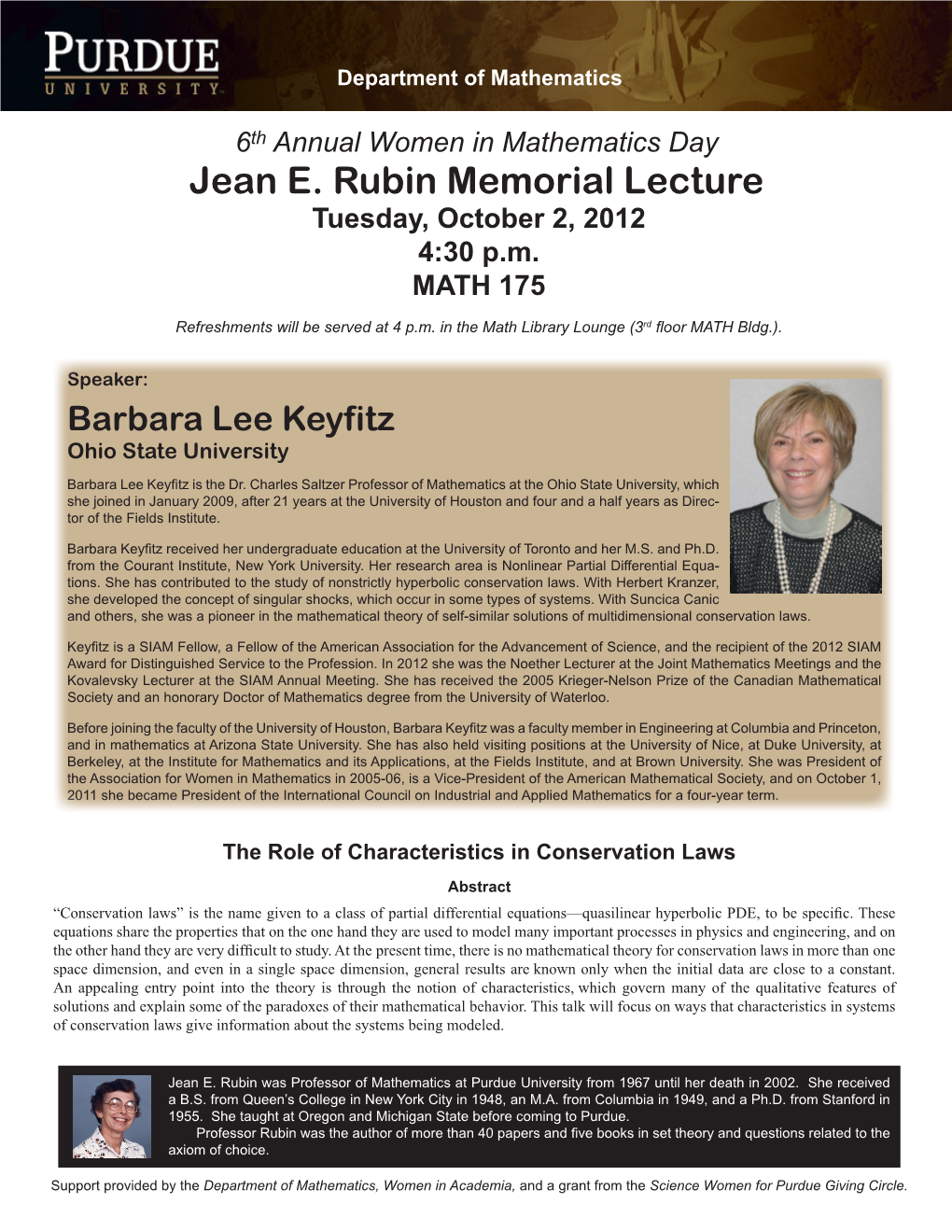 Jean E. Rubin Memorial Lecture Tuesday, October 2, 2012 4:30 P.M