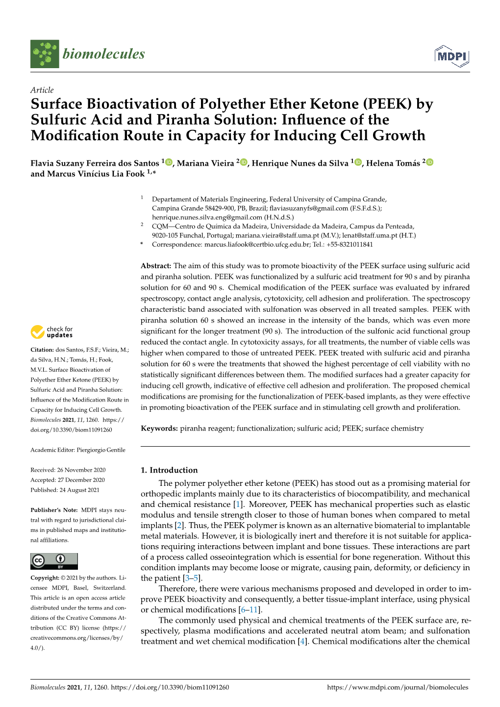 (PEEK) by Sulfuric Acid and Piranha Solution: Inﬂuence of the Modiﬁcation Route in Capacity for Inducing Cell Growth