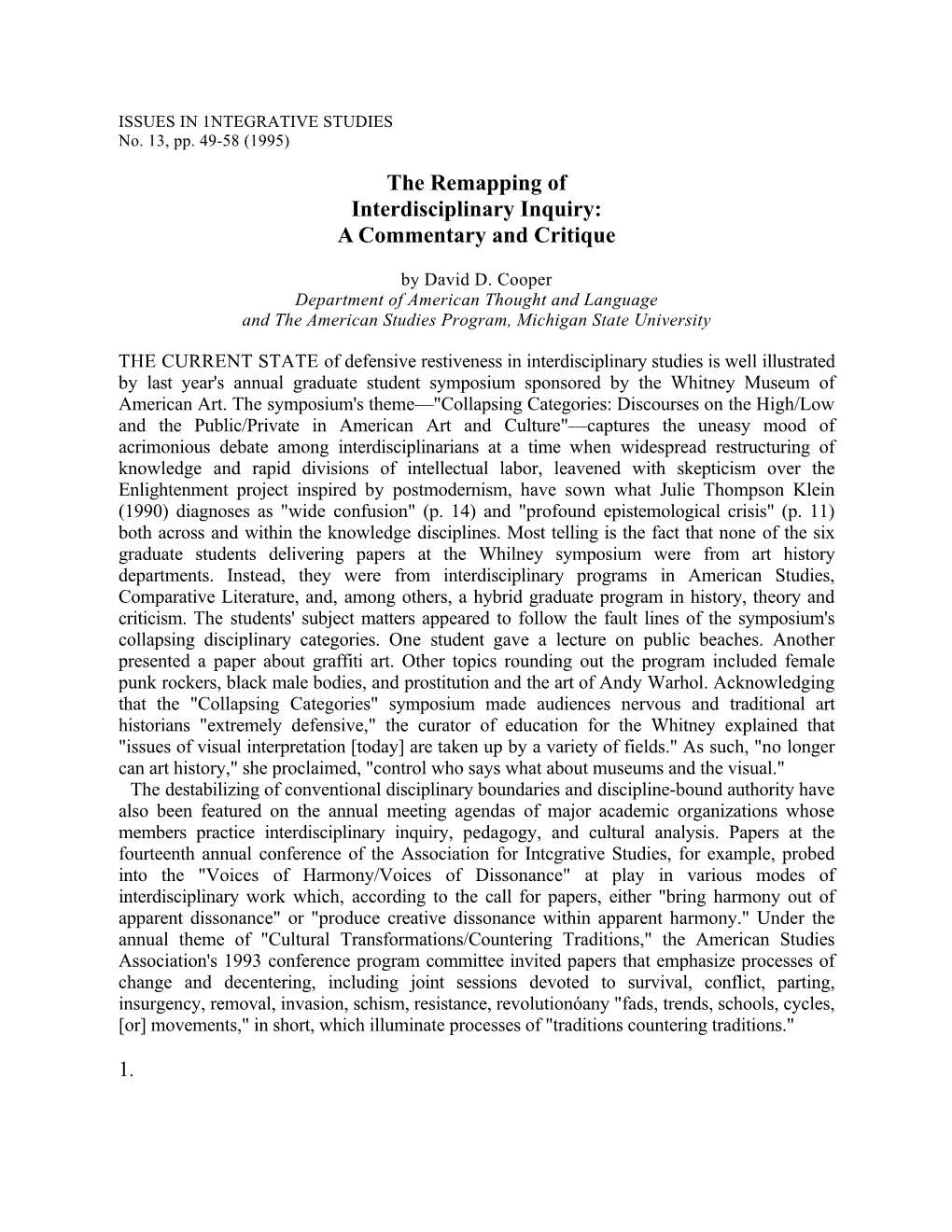 The Remapping of Interdisciplinary Inquiry: a Commentary and Critique