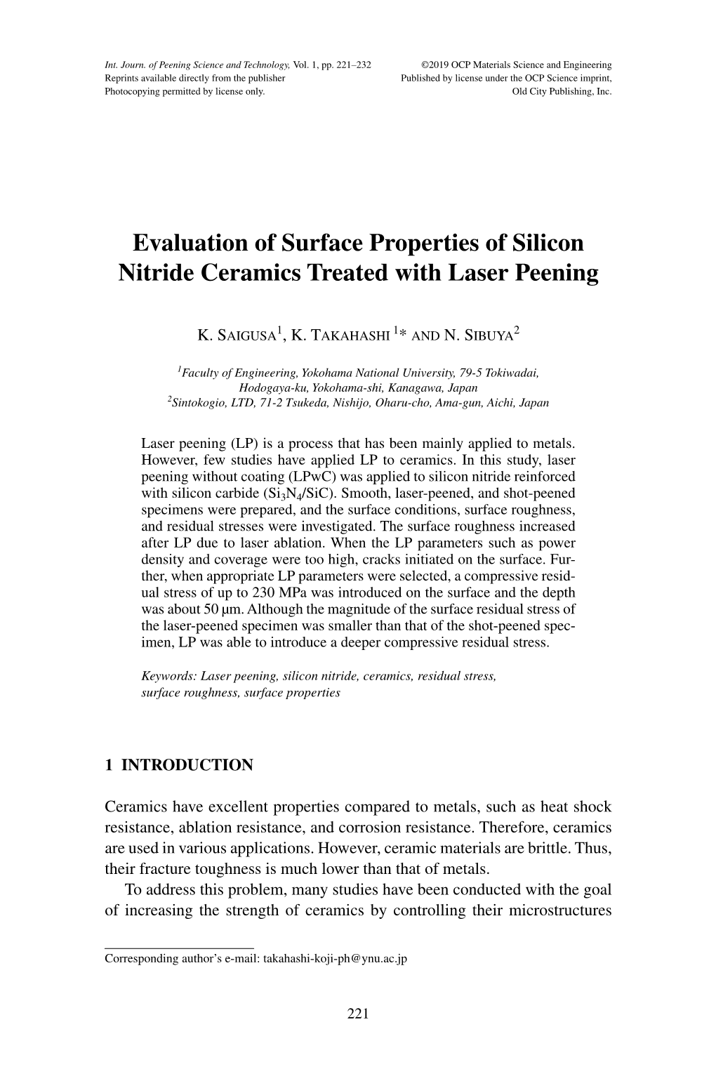 Evaluation of Surface Properties of Silicon Nitride Ceramics Treated with Laser Peening