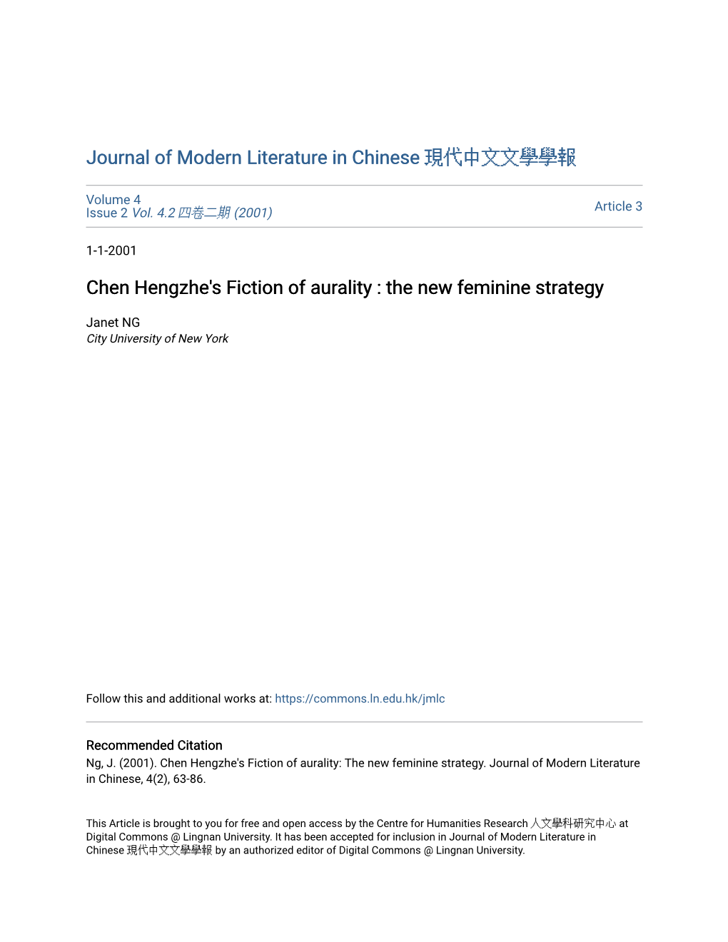 Chen Hengzhe's Fiction of Aurality : the New Feminine Strategy