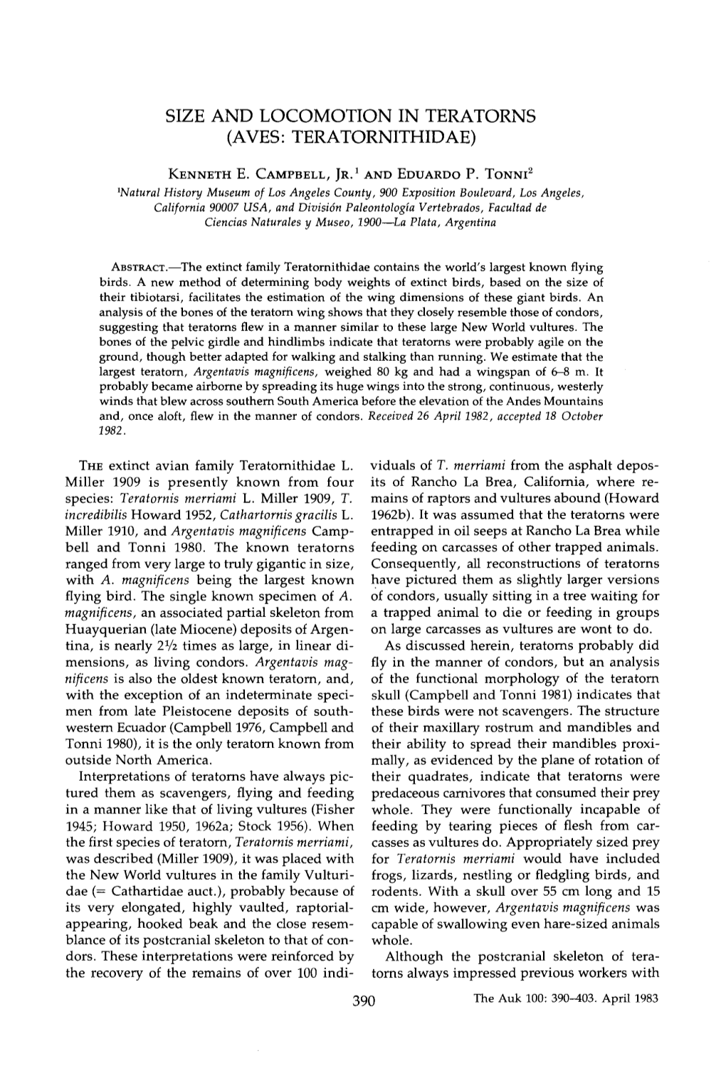 Size and Locomotion in Teratorns (Aves: Teratornithidae)