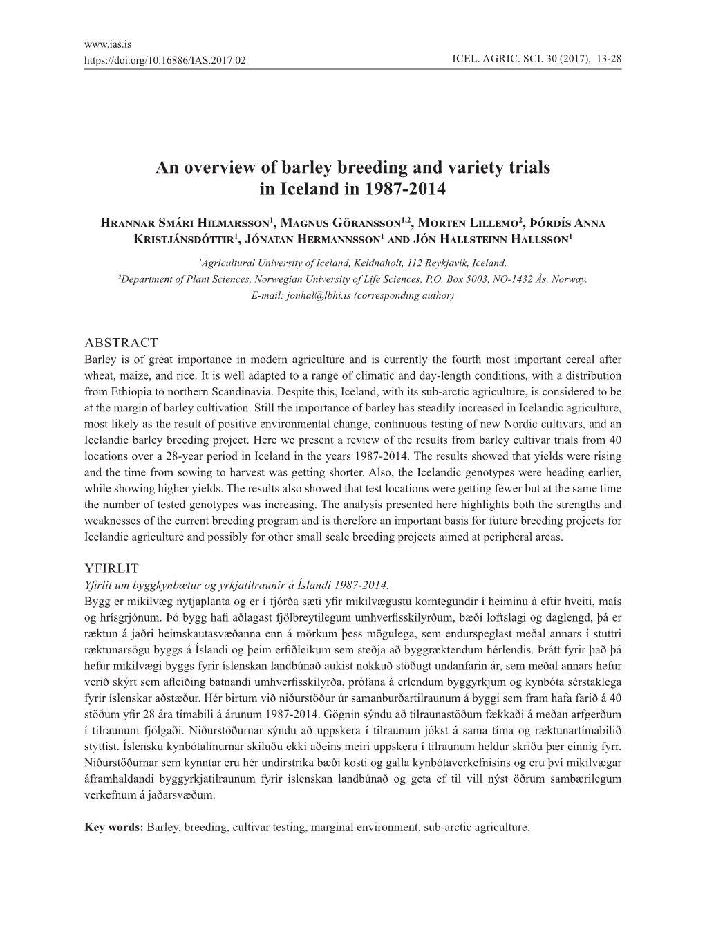 An Overview of Barley Breeding and Variety Trials in Iceland in 1987-2014