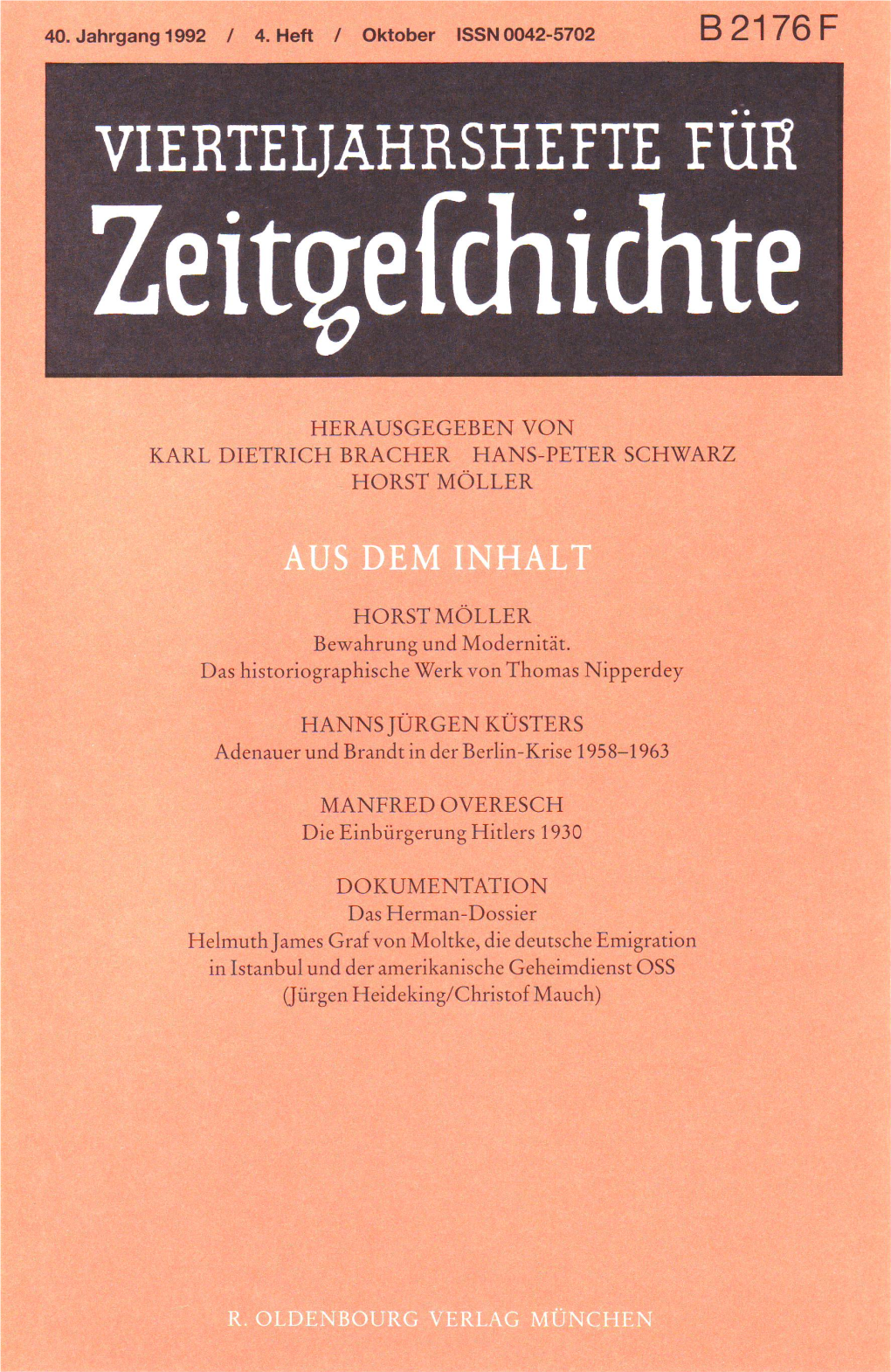 Vierteljahrshefte Für Zeitgeschichte Jahrgang 40(1992) Heft 4