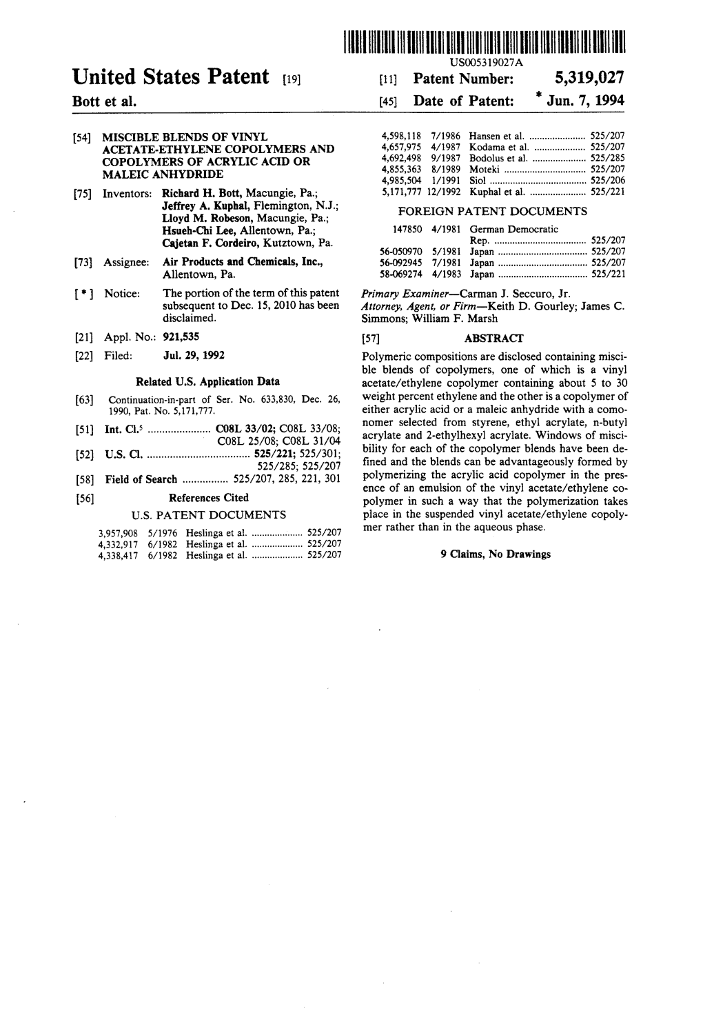 ||||||||||||||III USOO5319027A United States Patent (19) 11 Patent Number: 5,319,027 Bott Et Al