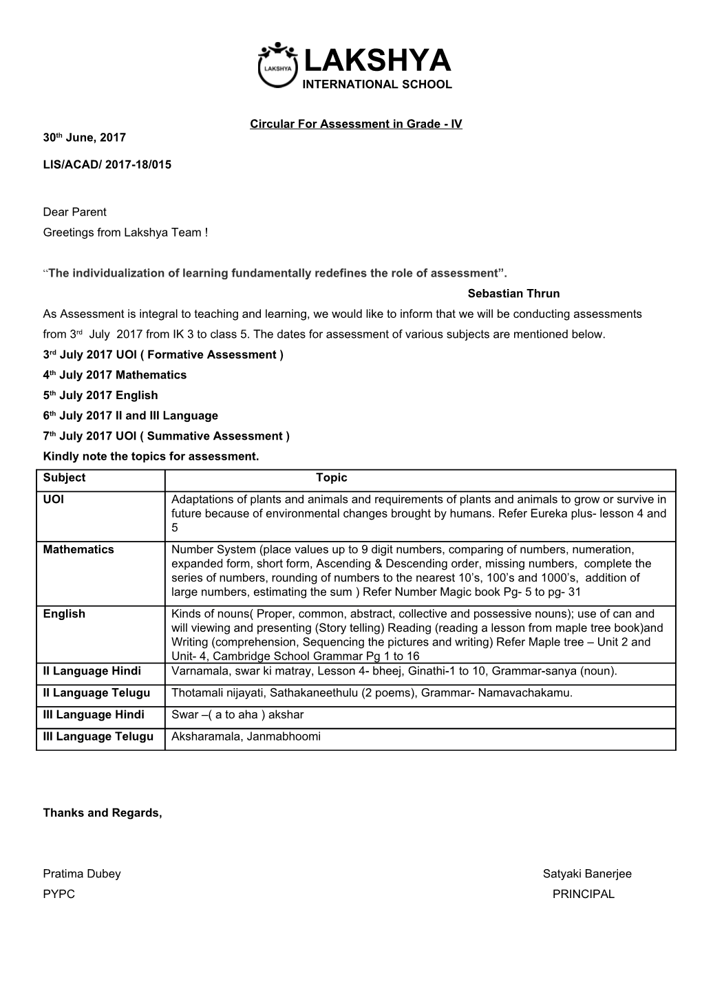 Circular for Assessment in Grade - IV