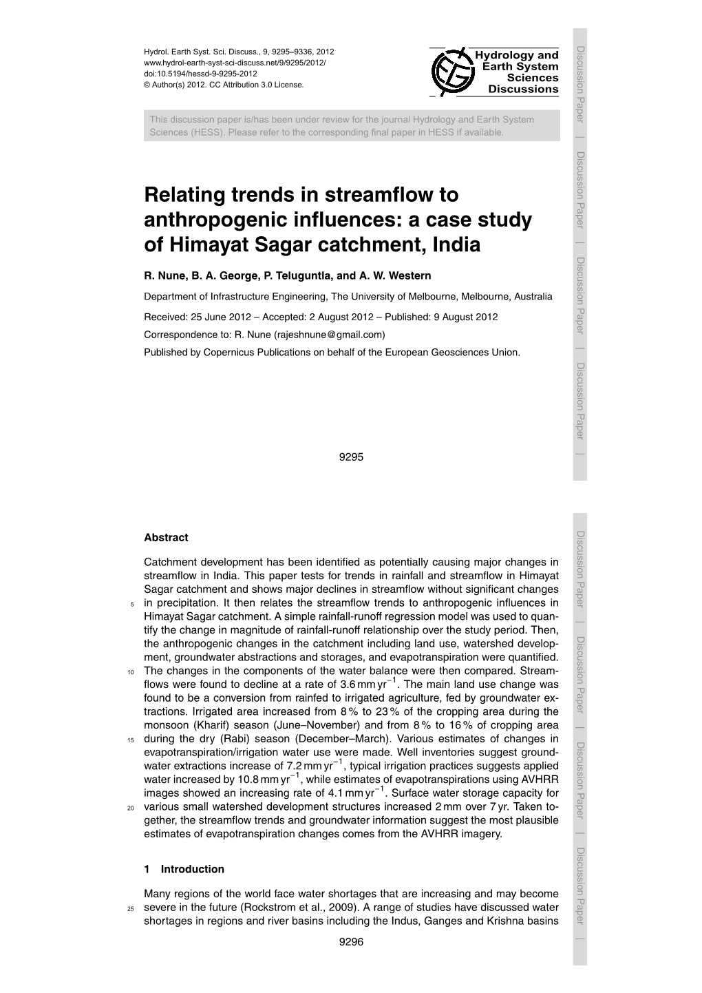 Relating Trends in Streamflow to Anthropogenic Influences: a Case Study of Himayat Sagar Catchment, India