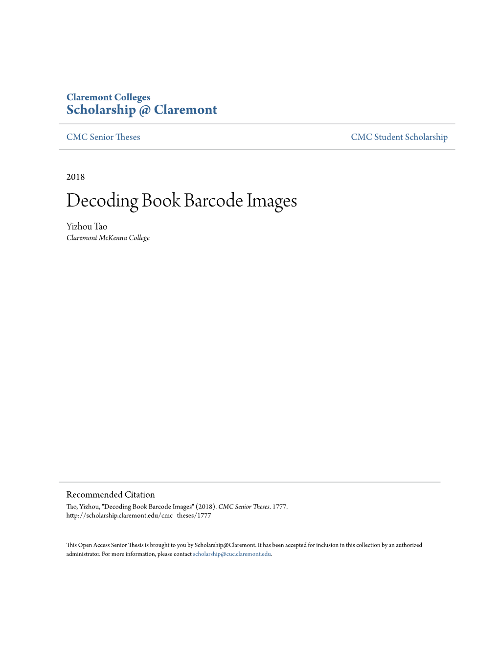 Decoding Book Barcode Images Yizhou Tao Claremont Mckenna College