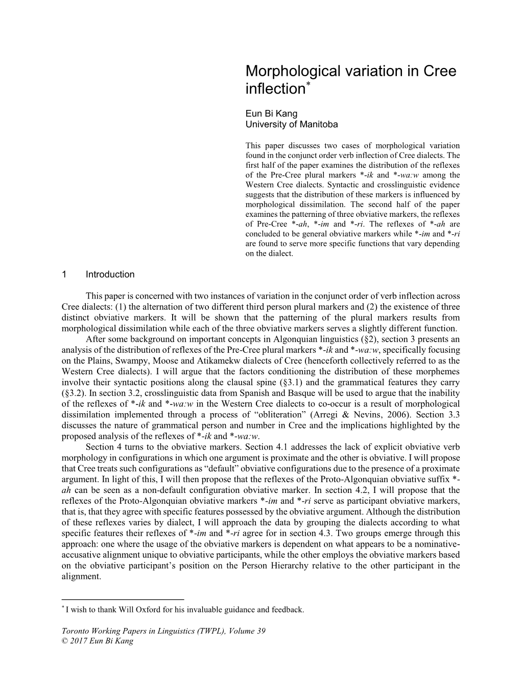 Morphological Variation in Cree Inflection*