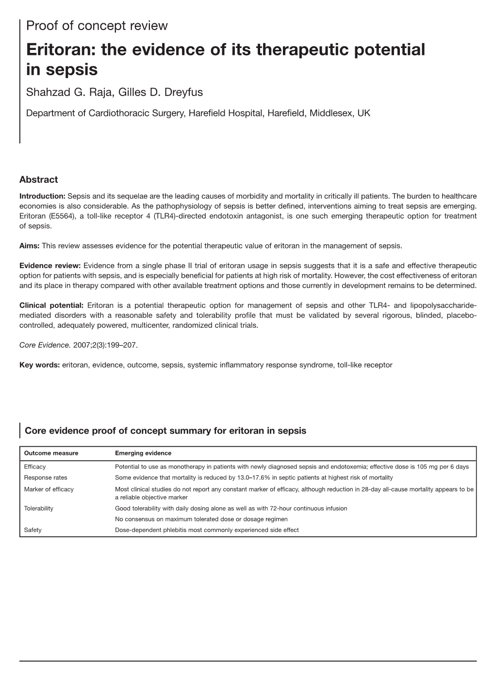 Eritoran: the Evidence of Its Therapeutic Potential in Sepsis Shahzad G